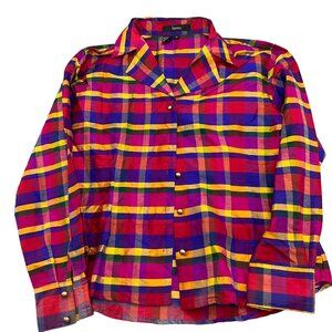 Ishyu Blouse Women‎ 14 Pink Blue Red Madras Plaid Gold Buttons Party Hong Kong